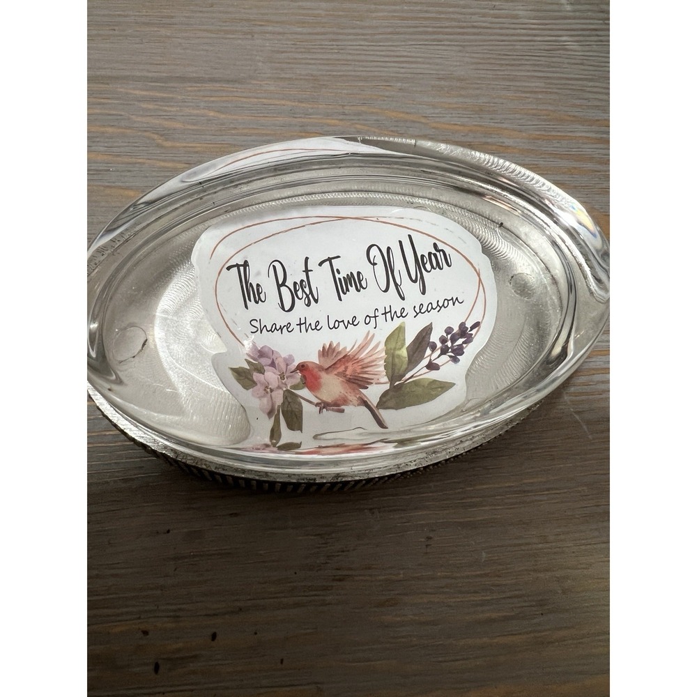 Oval Glass Sits Inside Silver Color, Metal Base Paperweight Maker, Jill Schwartz